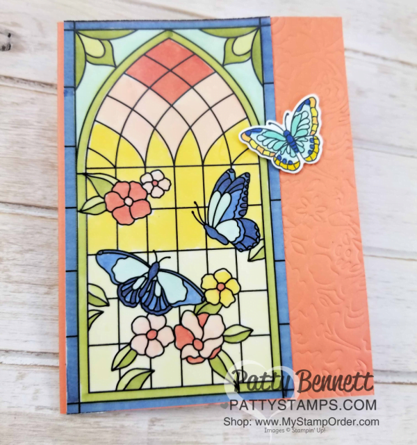 Graceful Glass vellum card colored with Stampin' Blends alcohol markers, mounted on Grapefruit Grove card base embossed with the Detailed Floral framelit and embossing mat.  Stained Glass card by Patty Bennett, www.PattyStamps.com