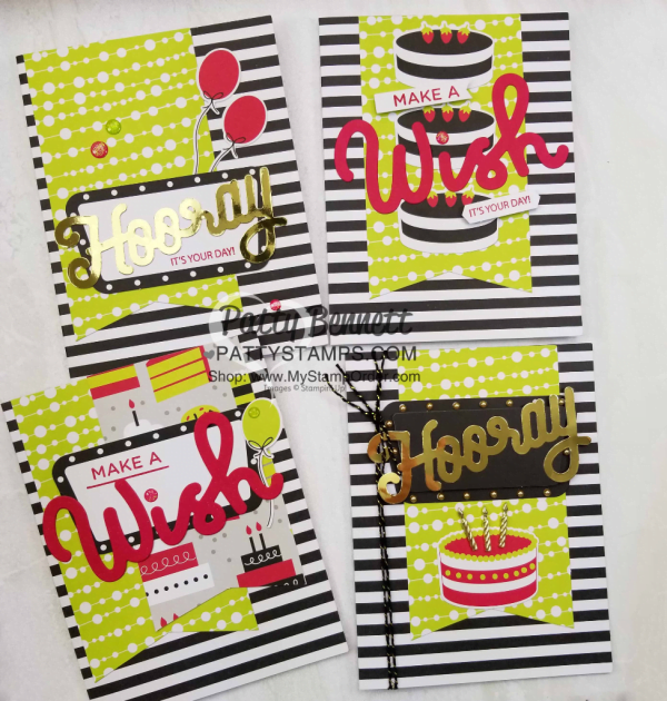 Broadway Bound Suite of Stampin' Up! products combined with the June 2018 Paper Pumpkin kit - handmade birthday cards by Patty Bennett, www.PattyStamps.com