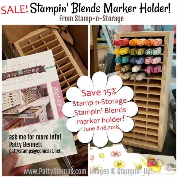 Stampin' UP! Stampin' Blends alcohol markers  in rainbow order. Patty's craft room organization tips.  Stamp-n-Storage wood storage units.  www.PattyStamps.com