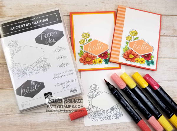 Accented Blooms floral note cards, handstamped and colored with Stampin' Blends alcohol markers by Patty Bennett, www.PattyStamps.com Accented Blooms floral note cards, handstamped and colored with Stampin' Blends alcohol markers by Patty Bennett, www.PattyStamps.com