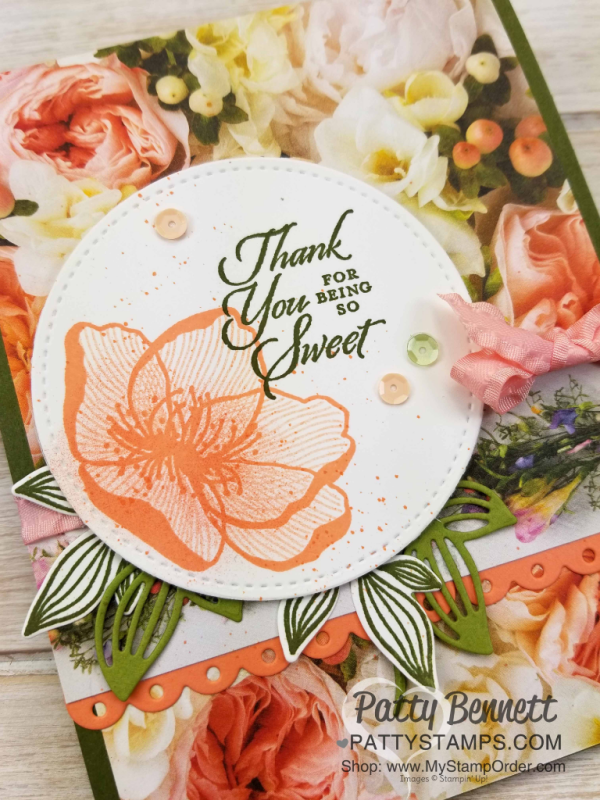 Beautiful Promenade stamp set, Petal Promenade floral paper, and Treat Time Bundle card idea by Patty Bennett, www.PattyStamps.com