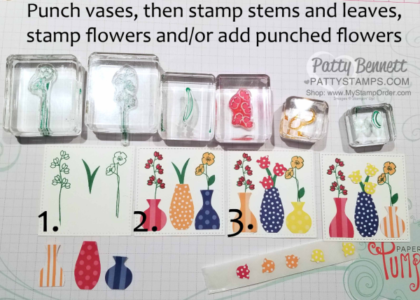 Varied Vases card idea featuring Stampin' UP! Garden Impressions 6x6 paper stack, and 2018-2020 In Color 6x6 paper stack, by Patty Bennett, www.PattyStamps.com