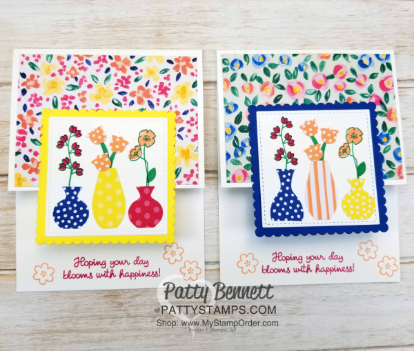 Varied Vases card idea featuring Stampin' UP! Garden Impressions 6x6 paper stack, and 2018-2020 In Color 6x6 paper stack, by Patty Bennett, www.PattyStamps.com