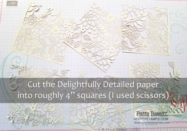 Tip for creating Delightfully Detailed laser-cut paper card ideas featuring Stampin' UP! Nature's Poem designer paper and Leaves Trinkets. by Patty Bennett www.PattyStamps.com
