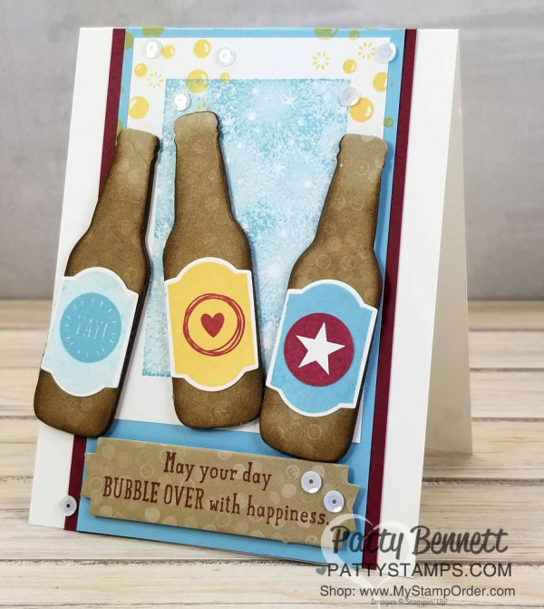 Bubble Over Soda Pop card featuring Bokeh Dots background, fun foam bottles, and sequin bubbles! Stampin' Up! products. Card by Patty Bennett www.PattyStamps.com