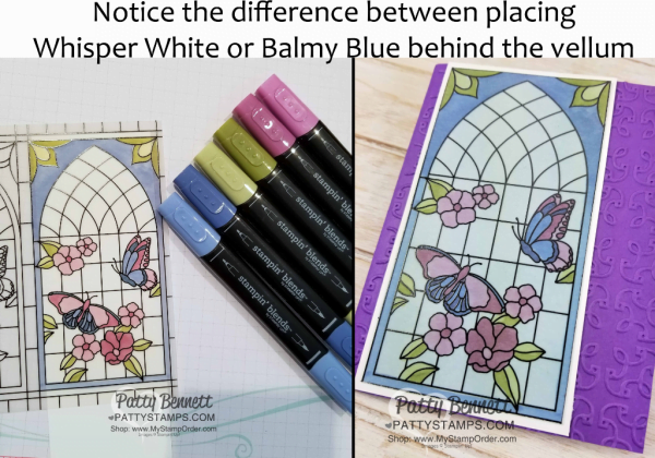Graceful Glass vellum card colored with Stampin' Blends alcohol markers, mounted on Gorgeous Grape card base embossed with the Garden Trellis embossing folder.  Stained Glass card by Patty Bennett, www.PattyStamps.com