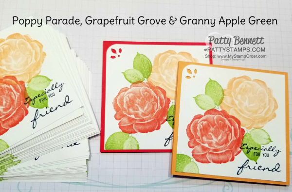 Stampin' Up! Healing Hugs rose stamp set - gorgeous stamped in Grapefruit Grove, Poppy Parade and Granny Apple Green!  Cards by Patty Bennett, www.PattyStamps.com