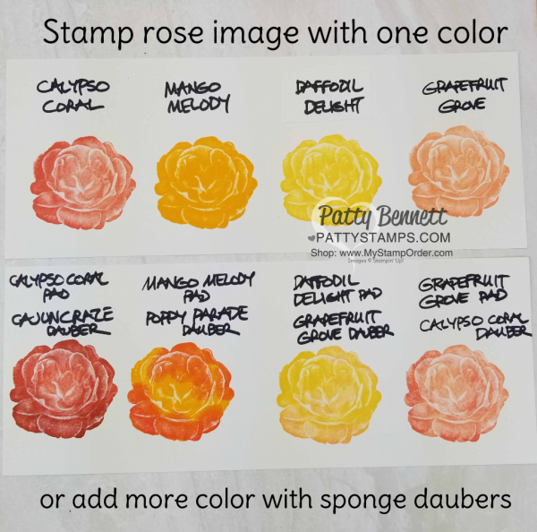 Color combo ideas for the Healing Hugs Stampin' Up! stamp set rose card by Patty Bennett.  Free video tutorial: ink stamp and add more color with Sponge Dauber! www.PattyStamps.com