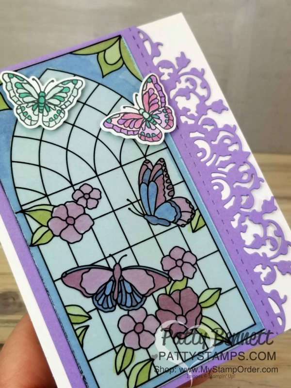 Graceful Glass vellum stained glass butterfly card colored with Stampin' Blends alcohol markers. Handmade card finished with Delicate Lace Edgelit die cut, by Patty Bennett, www.PattyStamps.com Graceful Glass vellum stained glass butterfly card colored with Stampin' Blends alcohol markers. Handmade card finished with Delicate Lace Edgelit die cut, by Patty Bennett, www.PattyStamps.com