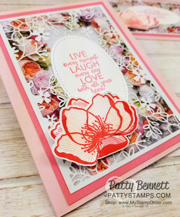 Flower card ideas featuring Stampin' UP! Petal Promenade designer paper and Delightfully Detailed Laser-cut specialty paper with greeting from Ribbon of Courage set, by Patty Bennett www.PattyStamps.com