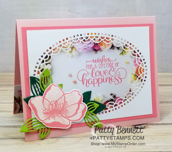 Flower card ideas featuring Stampin' UP! Petal Promenade designer paper and Delightfully Detailed Laser-cut specialty paper, by Patty Bennett www.PattyStamps.com