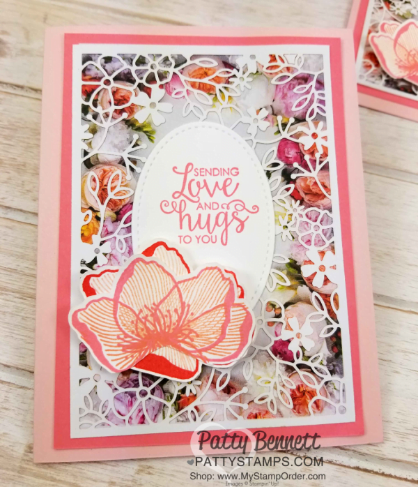 Flower card ideas featuring Stampin' UP! Petal Promenade designer paper and Delightfully Detailed Laser-cut specialty paper, by Patty Bennett www.PattyStamps.com