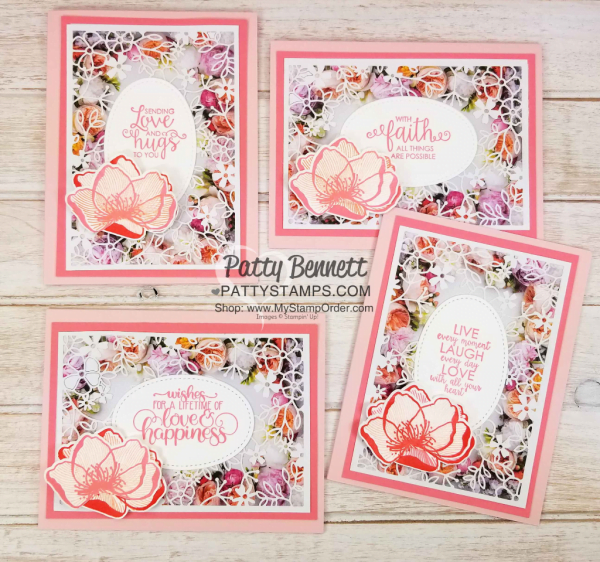 Flower card ideas featuring Stampin' UP! Petal Promenade designer paper and Delightfully Detailed Laser-cut specialty paper with Ribbon of Courage greetings, by Patty Bennett www.PattyStamps.com