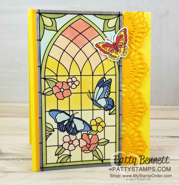 Graceful Glass vellum stained glass window card colored with Stampin' Blends alcohol markers. Handmade card finished with Delicate Lace Edgelit die cut, by Patty Bennett, www.PattyStamps.com Graceful Glass vellum stained glass window card colored with Stampin' Blends alcohol markers. Handmade card finished with Delicate Lace Edgelit die cut, by Patty Bennett, www.PattyStamps.com