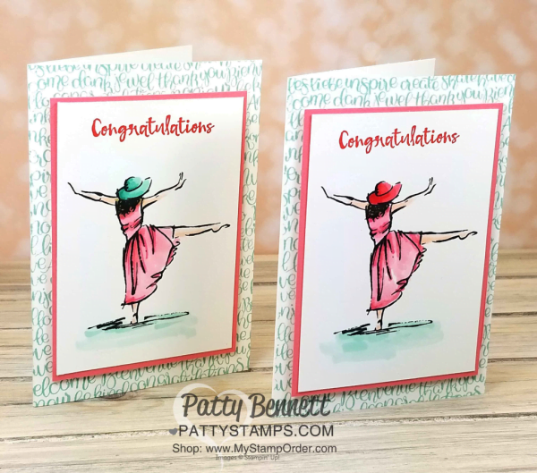 Beautiful You lady stamp image colored with Stampin' Blends markers.  Handwritten background stamp. Congratulations card idea by Patty Bennett, www.PattyStamps.com