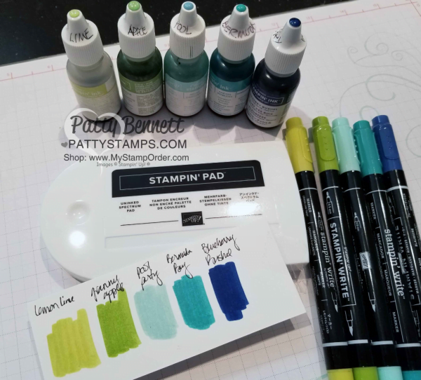 Color combo of blue and green for my Stampin' UP! spectrum rainbow pad, by Patty Bennett www.PattyStamps.com