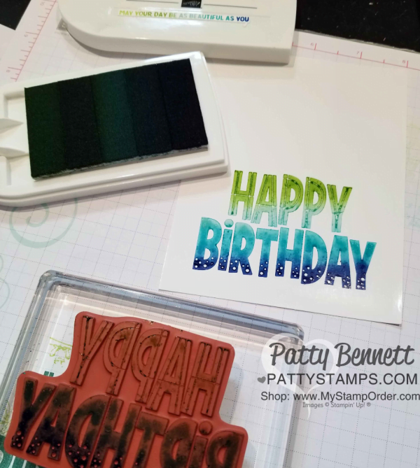 Color combo of blue and green for my Stampin' UP! spectrum rainbow pad, by Patty Bennett, featuring One for All Happy Birthday stamp image.  www.PattyStamps.com
