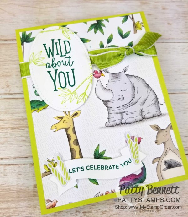 Wild About You jungle themed birthday card idea featuring Stampin' UP! Animal Outing stamp set, Animal Expedition designer paper and One For All Happy Birthday stamp on the inside of the card. Patty Bennett, www.PattyStamps.com