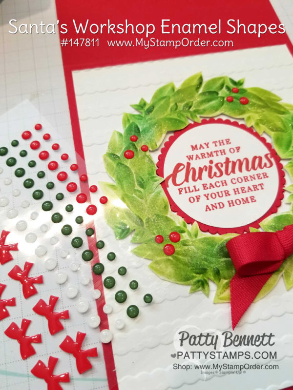 Santa's Workshop Enamel Shapes, perfect accent for my Seasonal Wreath embossing folder Christmas Card idea. Stampin' UP! crafting products available at www.MyStampOrder.com
