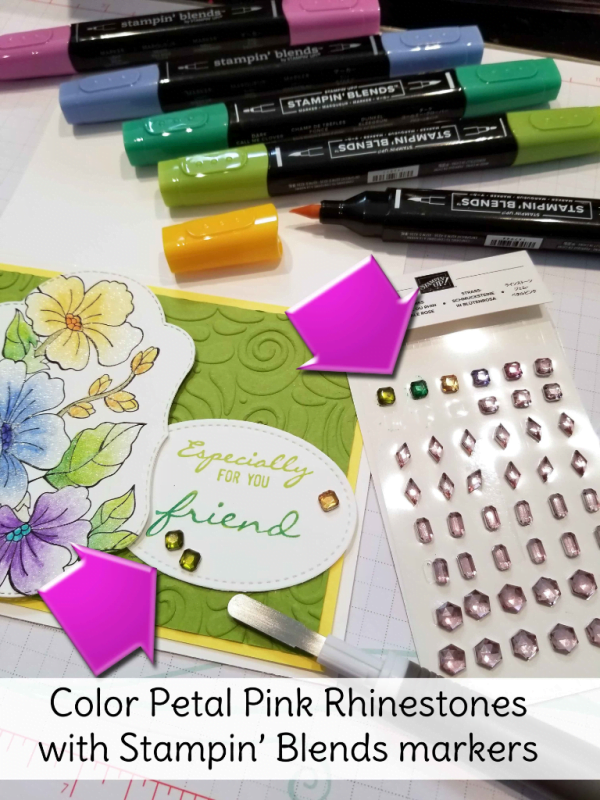 Tip! color the pink rhinestones with any Stampin' Up! Stampin' Blends marker to alter the color and match your card or craft project!!  tip from Patty Bennett, www.PattyStamps.com