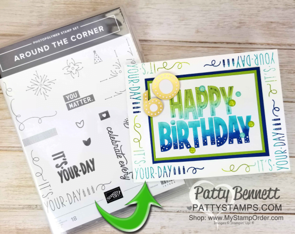 One for All Stampin' UP! birthday card idea featuring the Spectrum rainbow pad and the Around the Corner stamp set, by Patty Bennett www.PattyStamps.com