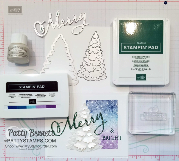 Supplies for Merry & Bright Christmas card idea featuring Stampin' UP! Merry Christmas to All bundle, and In the Woods tree die cut, paired with inked spectrum rainbow pad and the Bokeh Dots background stamp. Card by Patty Bennett, www.PattyStamps.com