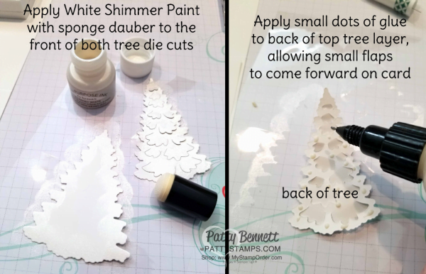 Shimmer Paint tip for Merry & Bright Christmas card idea featuring Stampin' UP! Merry Christmas to All bundle, and In the Woods tree die cut, paired with inked spectrum rainbow pad and the Bokeh Dots background stamp. Card by Patty Bennett, www.PattyStamps.com
