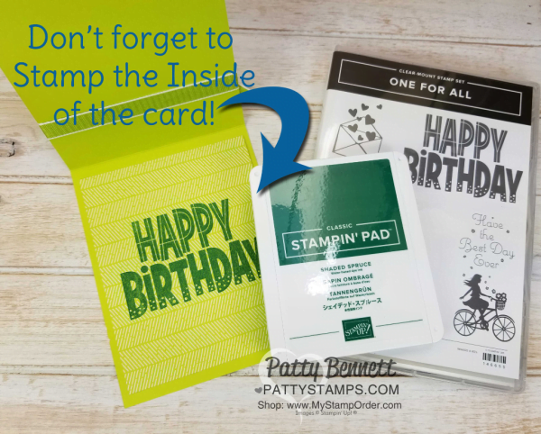 Wild About You jungle themed birthday card idea featuring Stampin' UP! Animal Outing stamp set, Animal Expedition designer paper and One For All Happy Birthday stamp on the inside of the card. Patty Bennett, www.PattyStamps.com