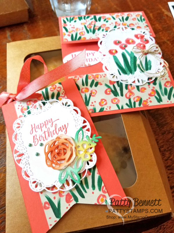 Gift Packaging idea for Panera Bread scones featuring Stampin' Up! Abstract Impressions bundle, Garden Impressions paper and Springtime Impressions floral die cut, by Cindee. 