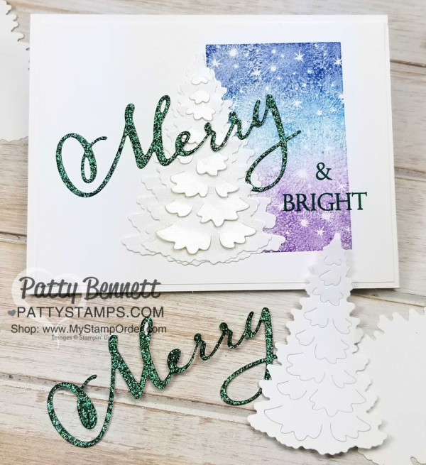 Merry & Bright Christmas card idea featuring Stampin' UP! Merry Christmas to All bundle, and In the Woods tree die cut, paired with inked spectrum rainbow pad. Card by Patty Bennett, www.PattyStamps.com