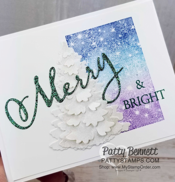 Merry & Bright Christmas card idea featuring Stampin' UP! Merry Christmas to All bundle, and In the Woods tree die cut, paired with inked spectrum rainbow pad and the Bokeh Dots background stamp. Card by Patty Bennett, www.PattyStamps.com