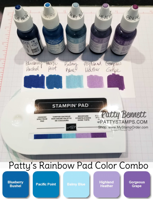 Color Combo suggestion for Stampin' UP!  inked spectrum rainbow pad  by Patty Bennett, www.PattyStamps.com