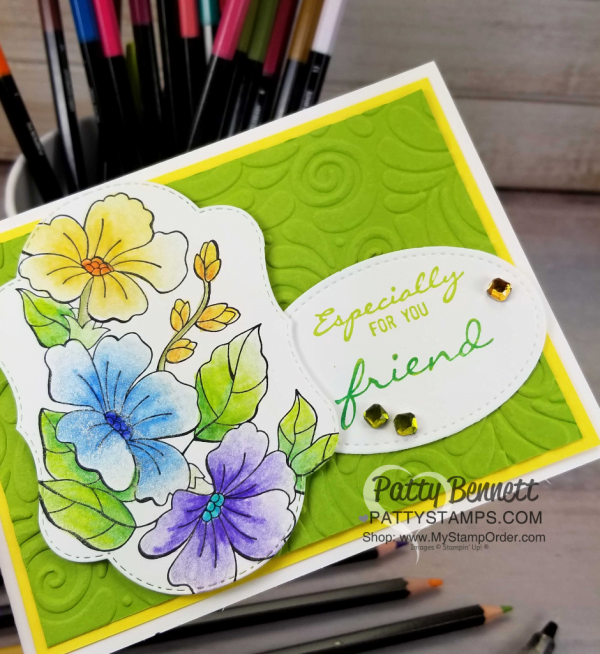 Blended Season flower image from Stampin' UP! colored with watercolor pencils and Wink of Stella glimmer pen.  Swirls & Curls embossing folder background.  Card by Patty Bennett, www.PattyStamps.com
