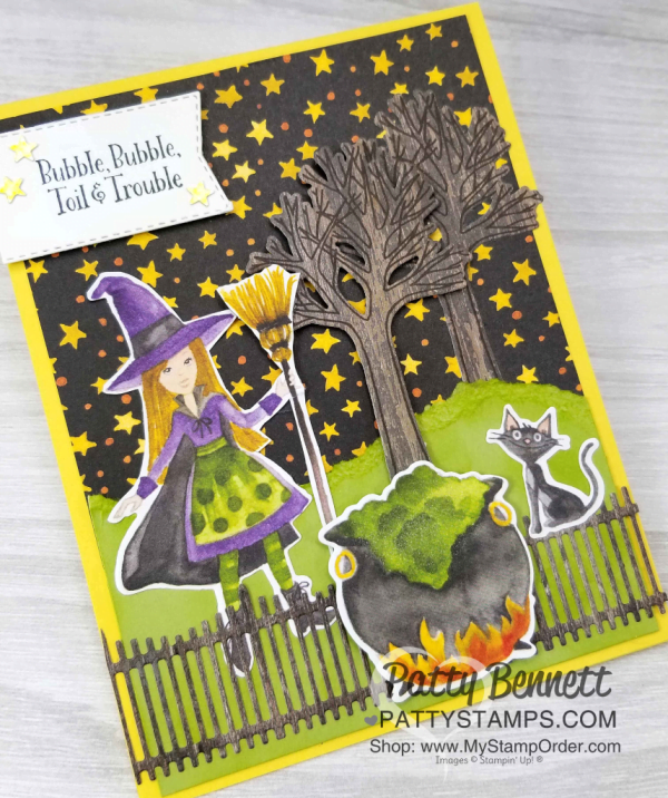 Fun Halloween Card Idea featuring Stampin' UP! Farmhouse Christmas tree and fence, paired with the Cauldron framelits and Toil & Trouble designer paper, by Patty Bennett, www.PattyStamps.com Fun Halloween Card Idea featuring Stampin' UP! Farmhouse Christmas tree and fence, paired with the Cauldron framelits and Toil & Trouble designer paper, by Patty Bennett, www.PattyStamps.com