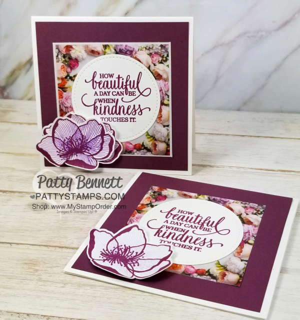Beautiful Promenade stamp set and Petal Promenade designer paper from Stampin' UP! - 4x4 square card idea with unique layered flower technique!  Patty Bennett - www.PattyStamps.com