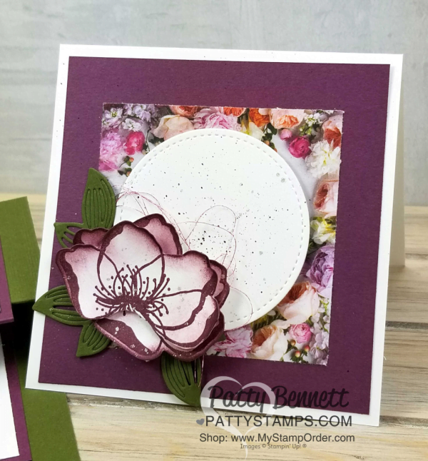 Beautiful Promenade stamp set and Petal Promenade designer paper from Stampin' UP! - 4x4 square card idea with unique layered flower technique!  Patty Bennett - www.PattyStamps.com