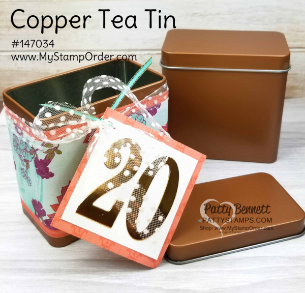 Tea room suite from Stampin' Up!: decorated copper tin celebrating Christine's 20th anniversary as a demonstrator. Projects by Patty Bennett, www.PattyStamps.com Tea room suite from Stampin' Up!: decorated copper tin celebrating Christine's 20th anniversary as a demonstrator. Projects by Patty Bennett, www.PattyStamps.com