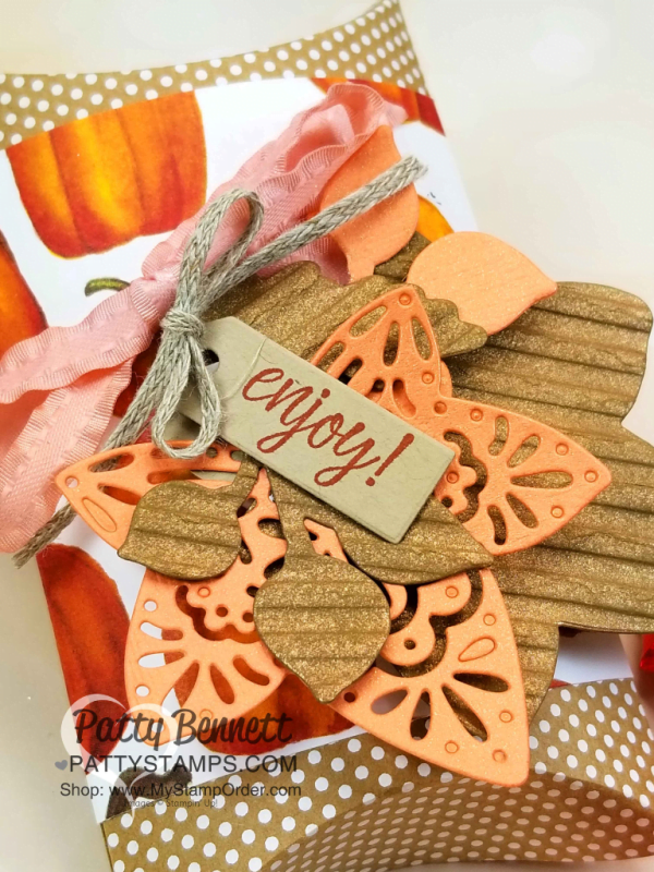 Fall leaf die cuts featuring Stampin' UP! Corrugated embossing folder, copper shimmer paint and Detailed Leaves thinlits. Pillow box candy treat idea by Patty Bennett, www.PattyStamps.com Fall leaf die cuts featuring Stampin' UP! Corrugated embossing folder, copper shimmer paint and Detailed Leaves thinlits. Pillow box candy treat idea by Patty Bennett, www.PattyStamps.com
