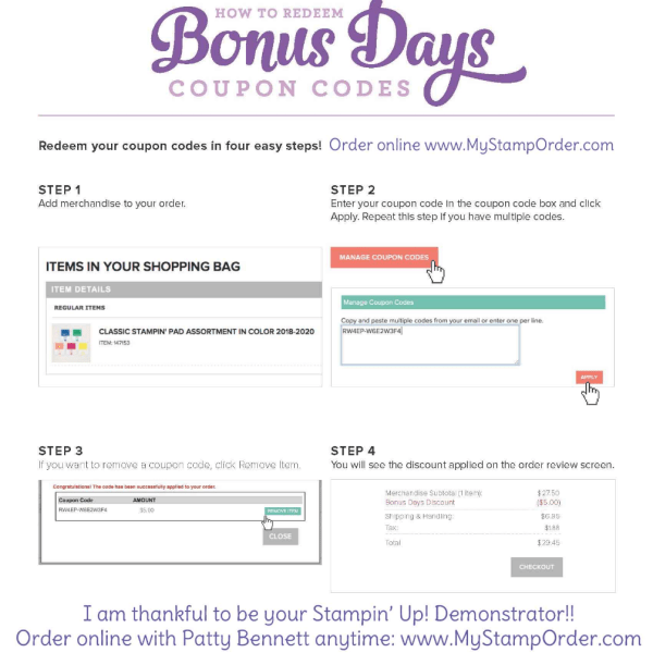 How to redeem your $5 Bonus Days coupon codes from Stampin' UP! (earned in August - Redeem in Sept.). with Patty Bennett www.MyStampOrder.com