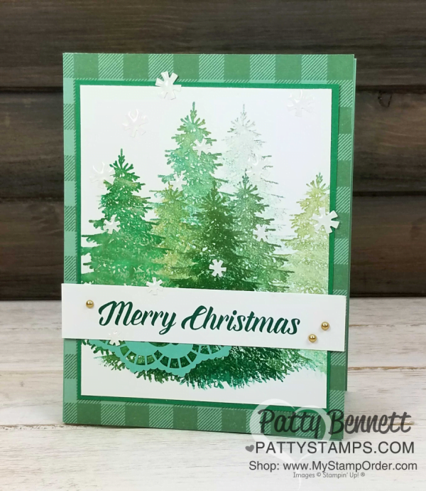 Layered Ink Technique with Stamparatus and Stampin' UP! Winter Woods stamp set. Buffalo check background. by Patty Bennett, www.PattyStamps.com