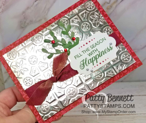handmade Christmas card idea featuring Stampin' UP! Tin Tile embossig folder and Peaceful Noel stamp set with Sprig Punch - available as a 10% off money saving bundle. www.PattyStamps.com handmade Christmas card idea featuring Stampin' UP! Tin Tile embossig folder and Peaceful Noel stamp set with Sprig Punch - available as a 10% off money saving bundle. www.PattyStamps.com