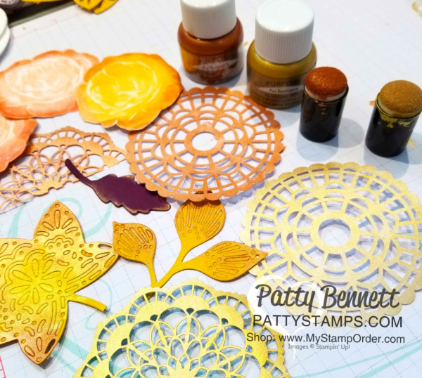 Find fun paper crafting projects to use with your Shimmer Paint, like these doilies, die cut leaves and stamped flowers from Stampin' Up! www.PattyStamps.com Find fun paper crafting projects to use with your Shimmer Paint, like these doilies, die cut leaves and stamped flowers from Stampin' Up! www.PattyStamps.com