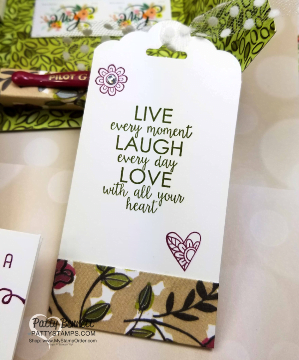 DIY Stationery Box with handmade tags, featuring Stampin' Up! Share What You Love designer paper and Ribbon of Courage stamp set by Leticia. 