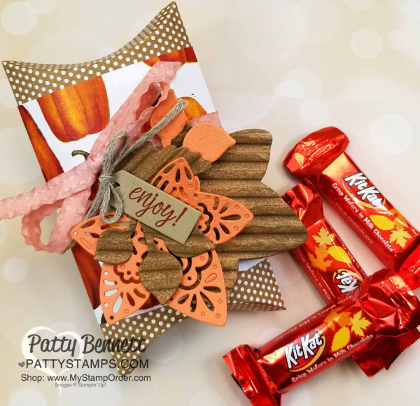 Fall leaf die cuts featuring Stampin' UP! Corrugated embossing folder, copper shimmer paint and Detailed Leaves thinlits. Pillow box candy treat idea by Patty Bennett, www.PattyStamps.com Fall leaf die cuts featuring Stampin' UP! Corrugated embossing folder, copper shimmer paint and Detailed Leaves thinlits. Pillow box candy treat idea by Patty Bennett, www.PattyStamps.com