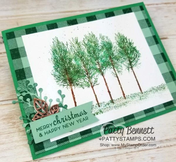 Layered Ink Technique with Stampin' UP! Winter Woods stamp set. Buffalo check background. by Patty Bennett, www.PattyStamps.com