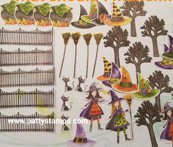 All my die cut pieces for my Fun Halloween Card featuring Stampin' UP! Farmhouse Christmas tree and fence, paired with the Cauldron framelits and Toil & Trouble designer paper, by Patty Bennett, www.PattyStamps.com All my die cut pieces for my Fun Halloween Card featuring Stampin' UP! Farmhouse Christmas tree and fence, paired with the Cauldron framelits and Toil & Trouble designer paper, by Patty Bennett, www.PattyStamps.com