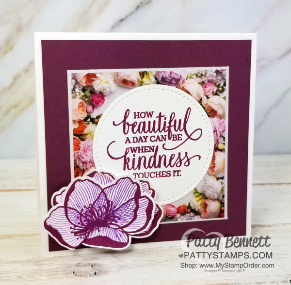 Beautiful Promenade stamp set and Petal Promenade designer paper from Stampin' UP! - 4x4 square card idea with unique layered flower technique!  Patty Bennett - www.PattyStamps.com
