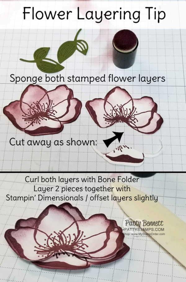 Paper crafting Flower Layering tip for the Beautiful Promenade stamp set and Petal Promenade designer paper from Stampin' UP! - 4x4 square card idea from  Patty Bennett - www.PattyStamps.com