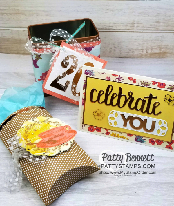 Tea room suite from Stampin' Up!: card pillow box and copper tin celebrating Christine's 20th anniversary as a demonstrator. Projects by Patty Bennett, www.PattyStamps.com Tea room suite from Stampin' Up!: card pillow box and copper tin celebrating Christine's 20th anniversary as a demonstrator. Projects by Patty Bennett, www.PattyStamps.com