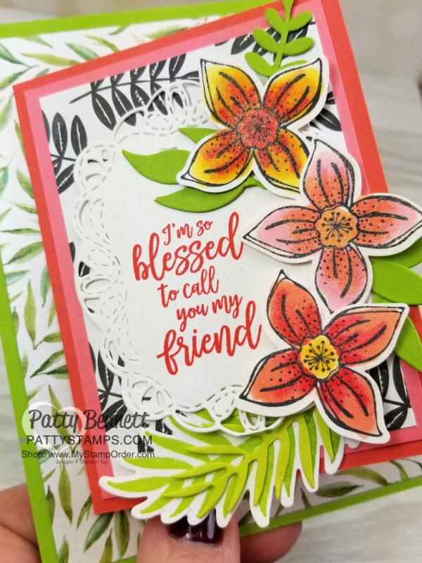 Flower card idea featuring Stampin UP! Pop of Petals flower stamp set and Four Petal Flower punch, by Patty Bennett, www.PattyStamps.com Flower card idea featuring Stampin UP! Pop of Petals flower stamp set and Four Petal Flower punch, by Patty Bennett, www.PattyStamps.com